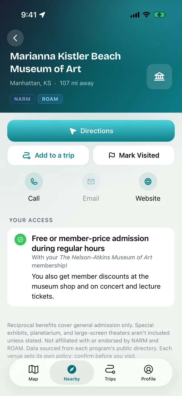 An attraction page saying what a Nelson-Atkins membership gets you at the Beach Museum of Art
