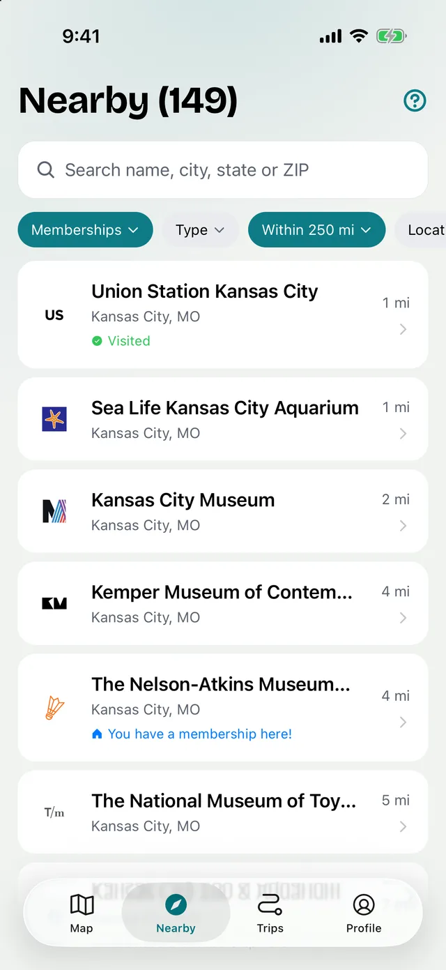 The Nearby list: attractions sorted by distance, with the one you are a member of marked