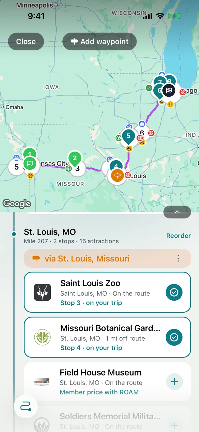 The trip planner: the drive from Kansas City to Chicago on a map, and the St. Louis stretch with two stops and the attractions near them